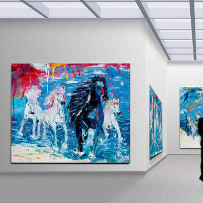 Black and white horse running out the water