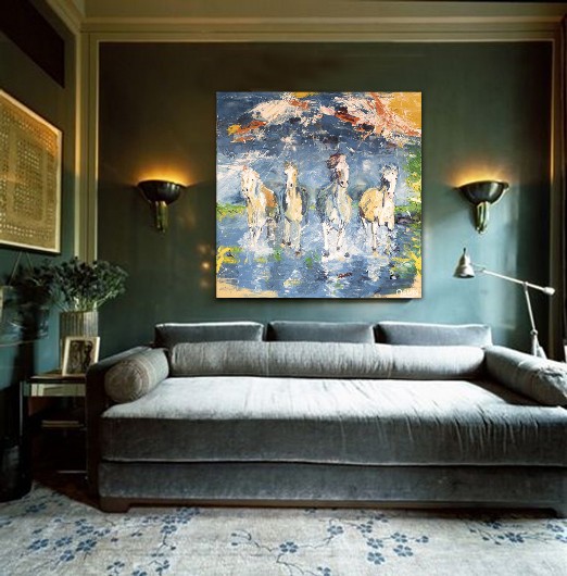 FOUR HORSES - Oswin Gesselli - Horse painting Painting of four horses running through the water. Equine art. Horses. Artwork.