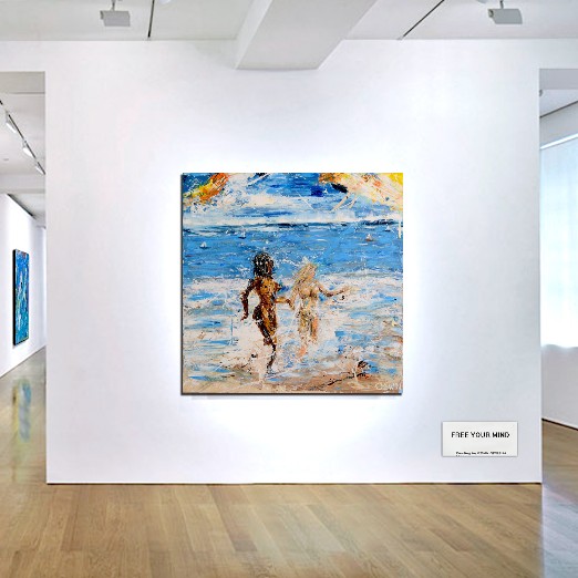 FREE YOUR MIND - Oswin Gesselli - Series Female nude connected with nature Seascape painting. Beachscene. Female nude.