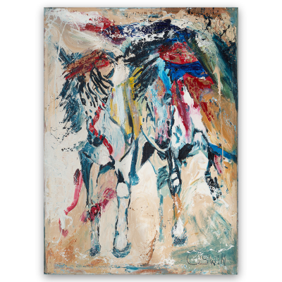 Painting of horses in the desert sand. 