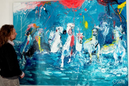 I WILL SURVIVE - Oswin Gesselli - Horse painting with hidden treasures Horses coming out of the sea. Horse painting with hidden images like faces in the background - Equine art - paardenschilderij.