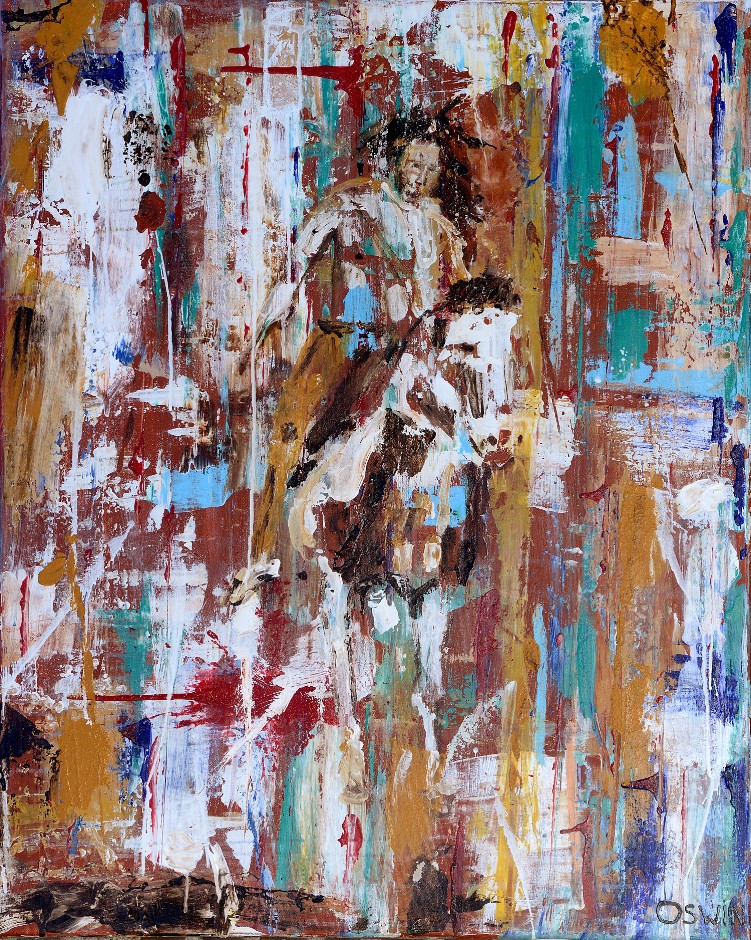 INDIAN DOWN TO EARTH - Oswin Gesselli - Horse painting Indian Horse painting. A horse with a native american on his back walking together in a semi figurative or abstract way. Contemporary artwork. Hidden treasures