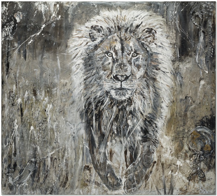 painting of a Lion King with hidden treasures in the background like the elephant, condor, gazelle and Atlas carrying the earth on his back
