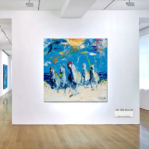 ON THE BEACH - Oswin Gesselli - Horse painting On the Beach Horse painting, five horses running from the sea over the beach. Modern equine art. White horses with hidden treasures in the background. Semi figurative and contemporary artwork