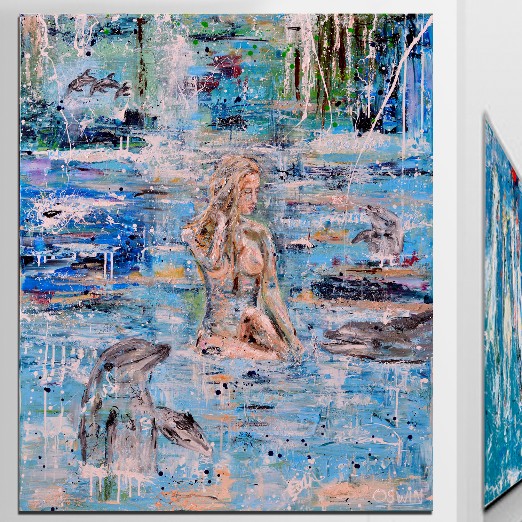painting of naked woman with dolphins
