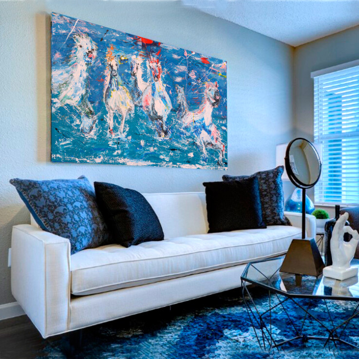 Dynamic horse painting. Horses running out of the water. Seascape. White horses. 