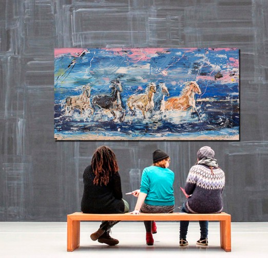 Five Horses on the Beach - Oswin Gesselli Horse painting, equine art