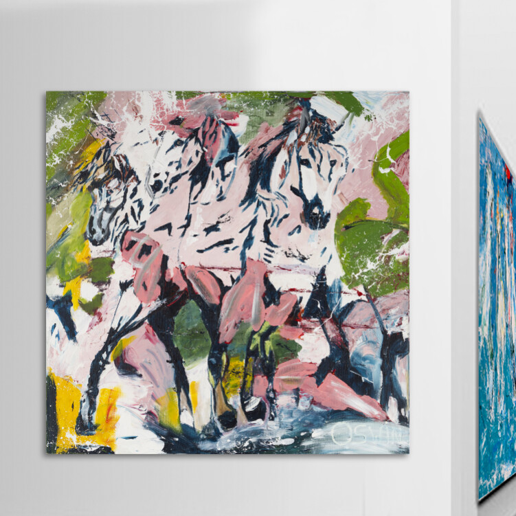 Horse painting - three horses in parade - semi figurative horses - equine art.