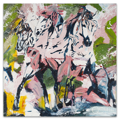 Horse painting - three horses in parade - semi figurative horses - equine art.