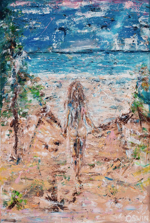 WALK TO THE BEACH - Oswin Gesselli - Female nude and nature series Walk to the beach, female nude painting - backside of a naked woman walking to the sea - seascape - connected with nature - Art - Schilderij vrouw die naar de zee loopt, verbonden met natuur, een met de natuur- artwork - kunst - Nederlands kunstenaar - Dutch artist