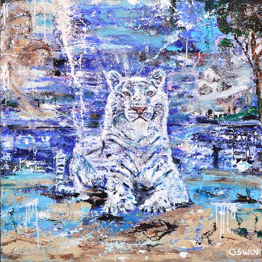 WHITE TIGER DREAM - Oswin Gesselli - Series HIDDEN TREASURES White Tiger. Wild Cats. Art. Exclusive Art Series HIDDEN TREASURES. Witte tijger schilderij met verborgen juwelen in de achtergrond. Hidden gems. Kunst Artwork