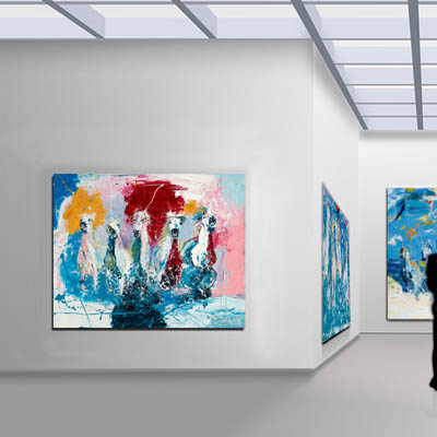 Horse painting- five horses running to you. White horses. Contemporary art. Modern equine art